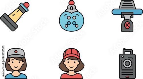 Security and Surveillance Icon Set Featuring Security Camera, Badge, Hat, and Communication Devices for Websites, Apps, and Digital Media