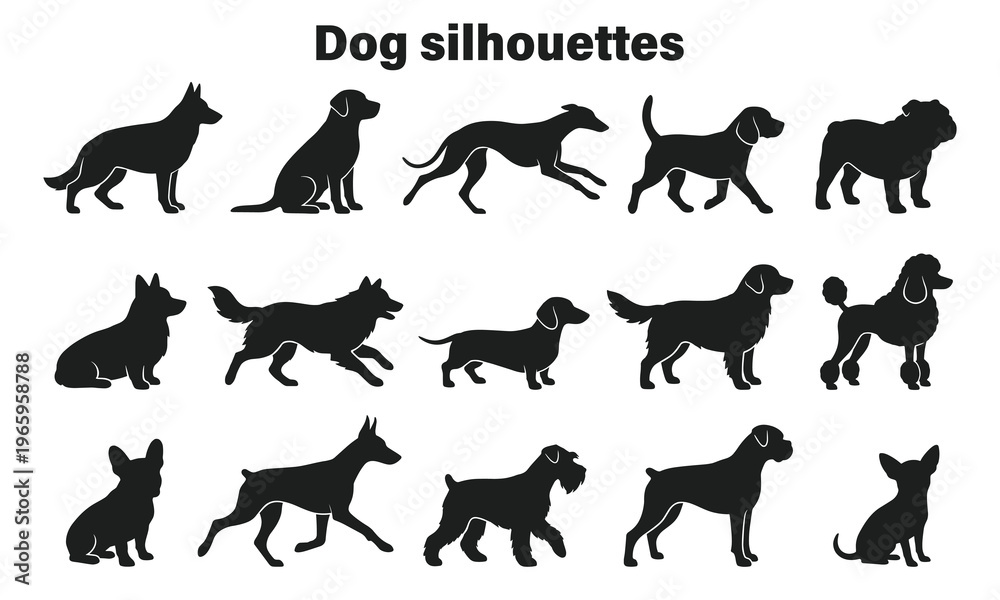 Obraz premium Collection of 12 dog breed silhouettes in flat vector style for design and education