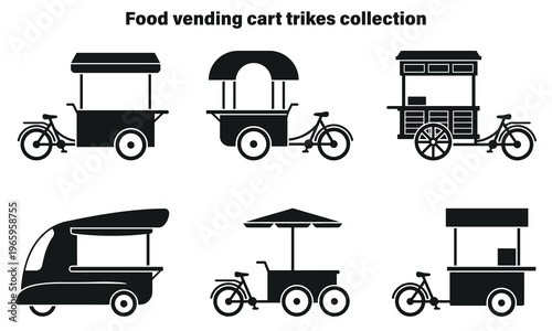 collection of mobile food vending cart trikes for street business vector illustration