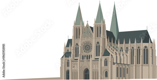 Detailed gothic cathedral facade with twin towers rose window historic European church architecture landmark illustration classical religious building design