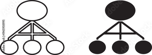 Two hierarchical flow chart diagrams with one outlined and one solid black version featuring a circle connected to three bottom circles
