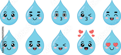 Cute water drop mascot character set with various facial expressions including happy smiling winking and heart eyes for hydration and eco friendly concept isolated vector illustration.
