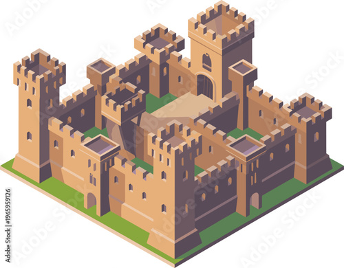 Isometric 3D medieval castle illustration, fortified fortress, ancient stronghold, stone architecture, historic landmark, defensive walls, towers, heritage design concept