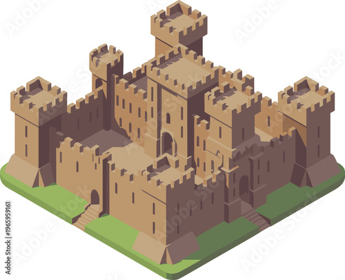 Isometric 3D medieval castle illustration, fortified stronghold, ancient architecture, stone fortress, historic landmark, defensive structure, royal residence, heritage design concept