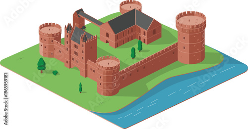 Isometric 3D medieval castle illustration, fortified fortress, historic architecture, river landscape, ancient stronghold, European heritage landmark, tourism attraction, defense structure concept