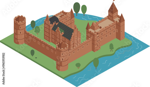 Isometric 3D medieval castle illustration, historic fortress, ancient architecture, river landscape, European heritage landmark, tourism attraction, detailed fortified building design concept