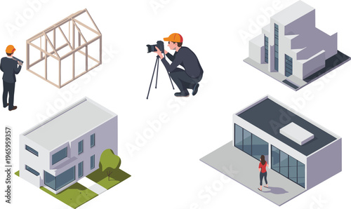 Isometric architecture process set with engineer photographer house construction modern buildings design workflow real estate development concept illustration