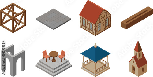 Isometric architectural elements set with timber frame, tiled floor, house, beam, arches, furniture, gazebo and small chapel in 3D