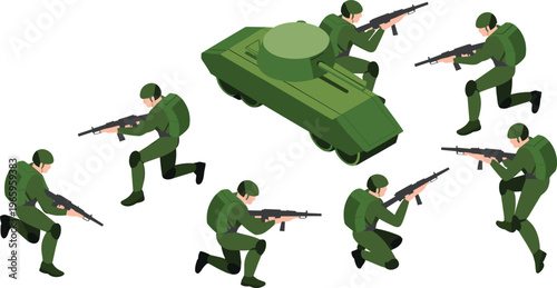 Isometric army soldiers with rifles and armored vehicle tactical combat unit military operation defense forces illustration set design