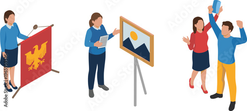 Isometric business presentation scenes, public speaking, art exhibition, teamwork celebration, professional people characters, communication, corporate training, success concept illustration design
