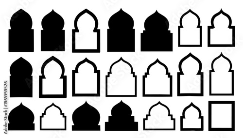Hand drawn doodle islamic arch and mihrab shapes set, clean minimal silhouette elements, decorative vector collection, isolated on white background