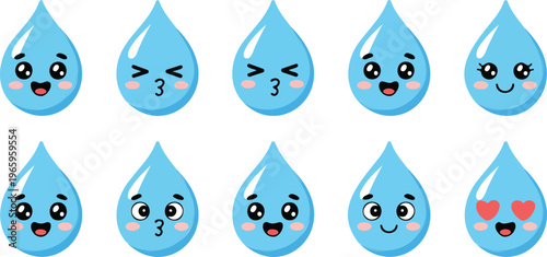Cute water drop mascot character set with various facial expressions including happy smiling winking and heart eyes for hydration and eco friendly concept isolated vector illustration.