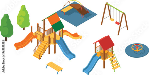 Isometric children playground set, slides swings and park equipment, outdoor play area, kids recreation, colorful design, leisure activity concept illustration