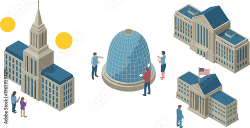 Isometric civic buildings with capitol dome courthouse government institutions public administration architecture urban city concept illustration set design