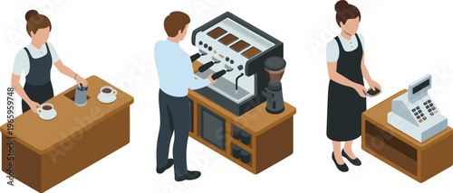 isometric coffee shop workers preparing espresso, barista serving customers, cafe counter service, coffee making process, retail cashier, hospitality illustration concept