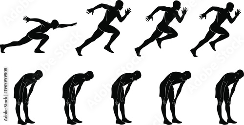 Running athlete silhouettes with sprint start, motion sequence and fatigue poses, sports training and fitness concept vector illustration isolated on clean background