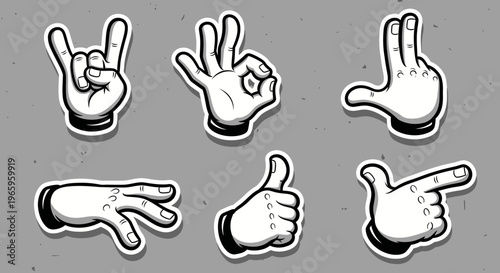 Cartoon hands sticker pack displaying positive gestures such as rock and roll, peace, and thumbs up signs on a grey background.