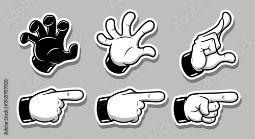 Cartoon hands sticker pack featuring pointing, fist, and rock and roll gestures on a grey background.