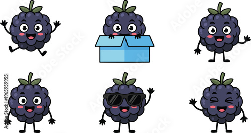 Cute blackberry mascot character set with different emotions including jumping happy waving wearing sunglasses and hiding in a box isolated on white background flat vector illustration.