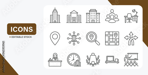 Office & Workspace Icon Set – Business Locations, Teams & Collaboration Elements