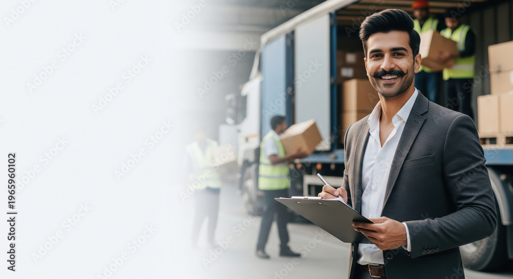 Fototapeta premium Smiling Logistics Manager Oversees Warehouse Operations with Clipboard