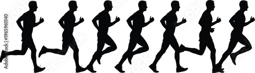 Silhouette sequence of running man motion, athletic biomechanics illustration, sports science concept, dynamic movement analysis for education, animation