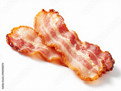 Two slices of cooked bacon lay side by side on a white surface. They are ready to be served with other dishes or enjoyed as a snack at any time Generative AI
