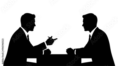 Two businessmen in black silhouette discussing at a table