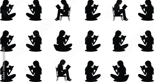 Silhouette women reading books in various seated poses, minimalist black illustration set for education, literature, learning, and lifestyle concepts themes