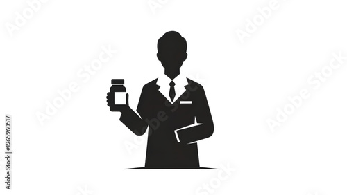 Silhouette of a doctor or pharmacist holding a medicine bottle