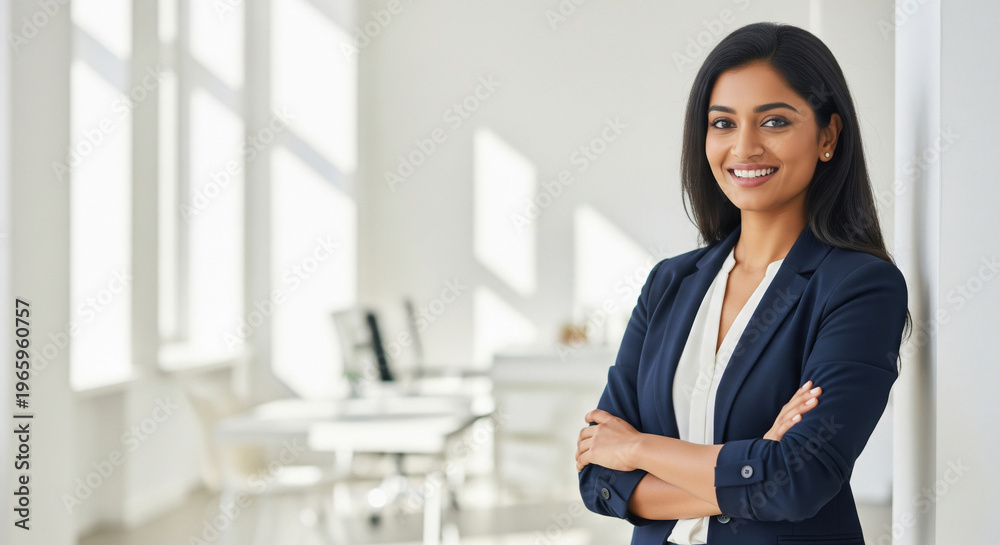 Obraz premium Confident Indian Businesswoman Smiling in Modern Office