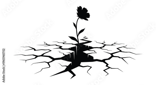 A delicate flower emerges from cracked earth symbolizing resilience and hope presented as a striking silhouette high quality professional detailed modern
