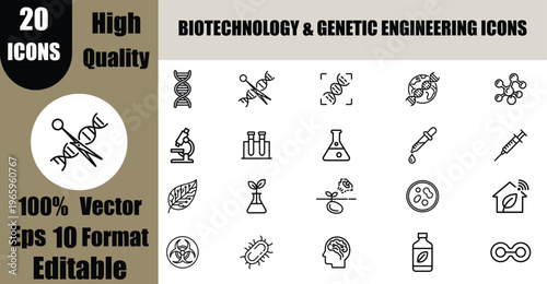 20 Biotechnology and Genetic Engineering Line Icon Set Vector: DNA and Science Outline Symbols.