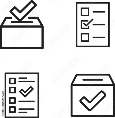Set of four simple line art icons representing voting and decision-making processes, including ballot boxes with check marks and voting slips with marked options