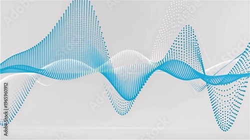An intricate abstract visualization of flowing sound waves and data streams, depicted as undulating blue and white dotted lines against a light gray background.