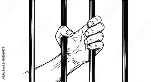 A hand firmly grasps prison bars conveying themes of confinement and struggle rendered as a stark silhouette high quality professional detailed