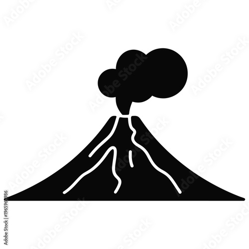 A striking black silhouette depicts a volcanic eruption with flowing lava a dramatic landscape silhouette