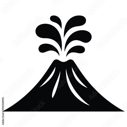 A striking black silhouette depicts a volcanic eruption with flowing lava a dramatic landscape silhouette