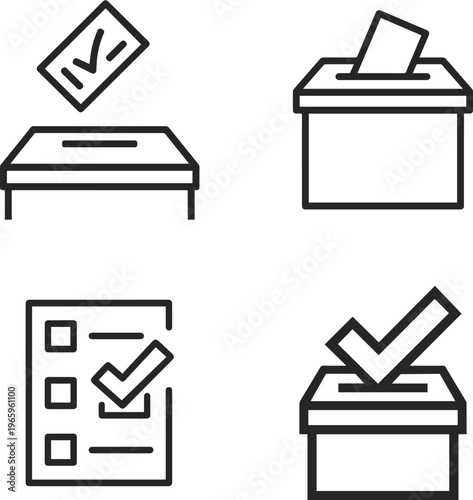 Set of four simple line art icons representing voting and elections, including ballot boxes, a ballot paper being cast, and a checklist with a checkmark