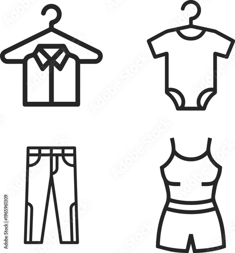 Set of four minimalist line art icons representing different types of clothing, including a collared shirt on a hanger, a baby onesie, a pair of jeans, and a women's tank
