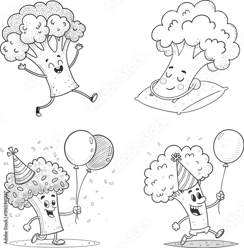 Cute Broccoli Cartoon Character Set – Funny Vegetable Mascot Activities Black and White Coloring Page Illustration