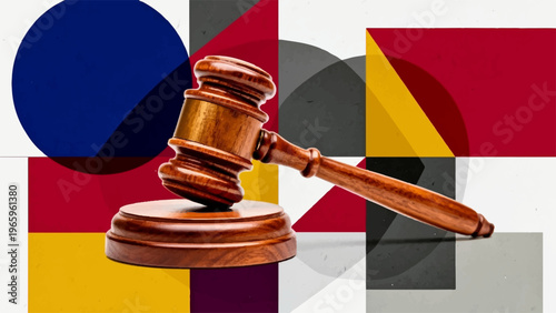 Law, justice, gavel, wooden, mallet, courtroom, judge, colorful, geometric background