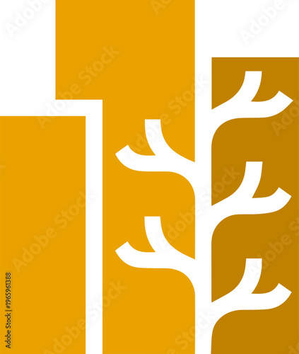 Abstract minimalist logo design featuring stylized golden tree branches against a backdrop of geometric golden rectangles, symbolizing growth, nature, and urban development in a modern