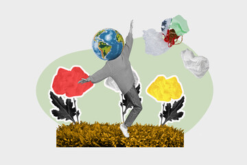Image full pop trend collage of anonym woman instead head earth globe icon plastic pollution rubbish volunteer care flower cellophane