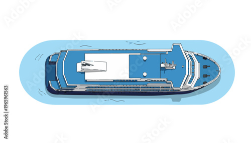 Illustration of a large blue ship or ferry on light blue water