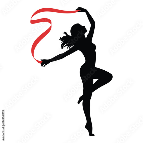 A graceful female gymnast performs with a red ribbon in a dynamic pose silhouette