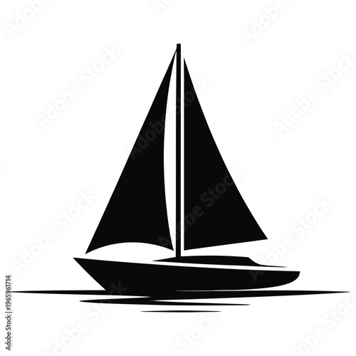 A striking black sailboat gliding across calm waters presented as a bold silhouette
