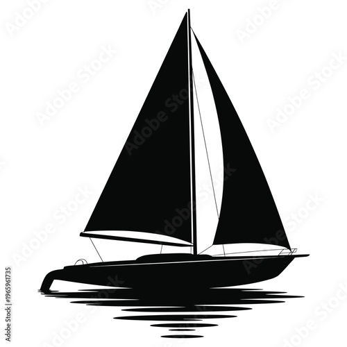 A striking black sailboat gliding across calm waters presented as a bold silhouette