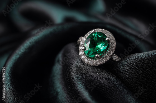 A luxurious emerald ring with diamonds on a black satin fabric background