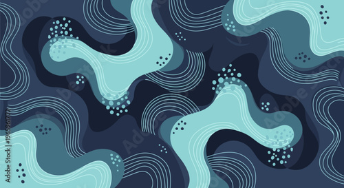 Abstract organic shapes with flowing lines and dots in blue and teal.